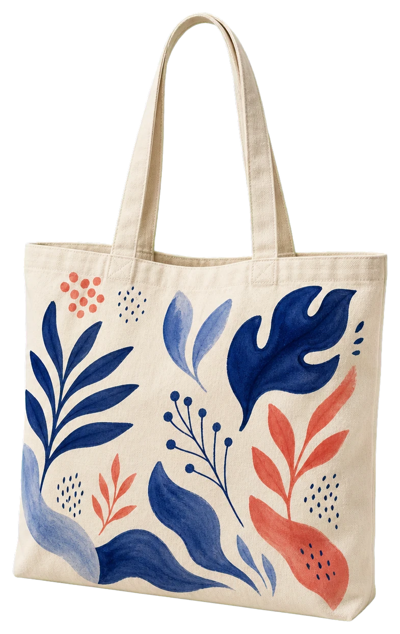 Ecobag artística de algodão cru pintada à mão com formas botânicas azuis e corais